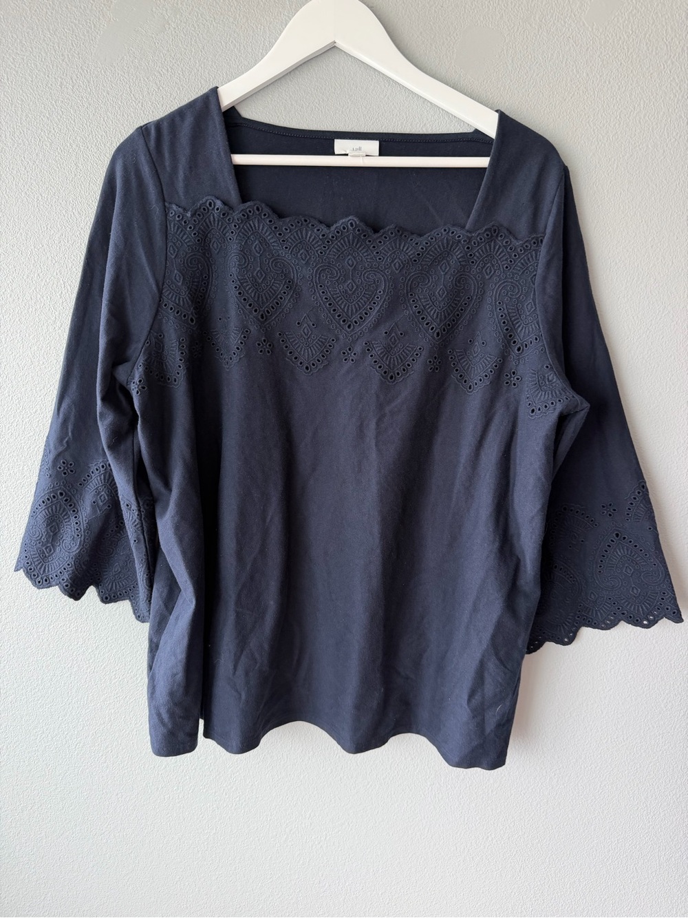 J Jill navy blue eyelet lace 3/4 sleeve 100% cotton top Women’s sz 1X